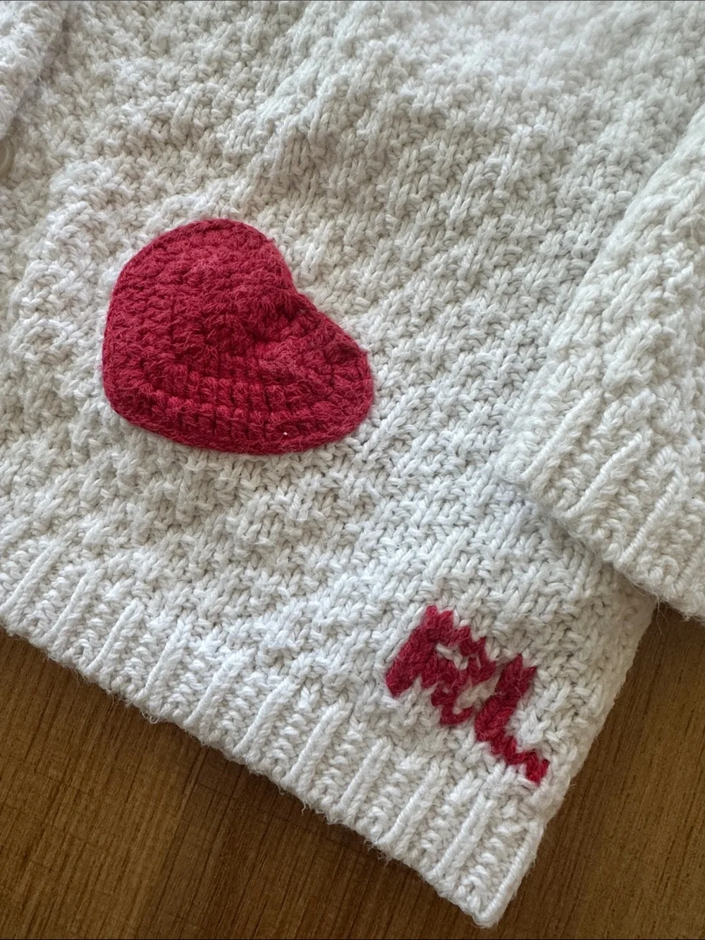 Ralph Lauren Cream Hooded Knit Cardigan with Red Heart & Brown Bear Patch